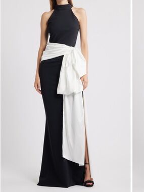 Chiara Boni Sarity Bow Sleeveless Gown Dress Maxi Black White 42 / US 6